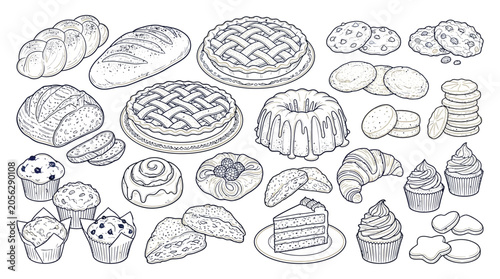 Fotografi A collection of various baked goods including bread, pies, muffins, cookies, and cakes, all rendered in a black and white sketch style
