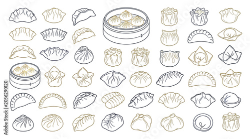 Tableau sur toile Collection of various Asian dumplings and dim sum in a clean line art style