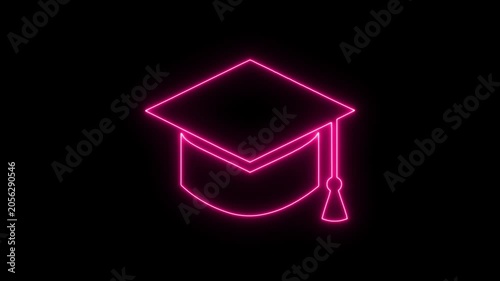 Animated Purple Neon Graduation Hat with Tassel. Neon Glowing Violet Graduation Cap Icon Animation on Black Background
