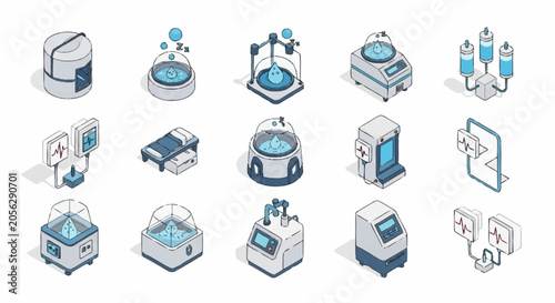 Tableau sur toile Collection of isometric medical and scientific equipment icons, representing research and healthcare technology