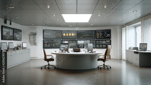 Digital finance command center, market analysis screen, modern office, trading desk with calm empty chairs and data dashboard