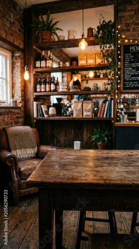 Cozy Coffee Shop Interior with Warm Lighting and Rustic Decor