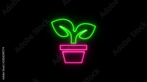 Animated Neon Plant in Pot Icon. Glowing Green Neon Potted Plant Icon Animation on Black Background