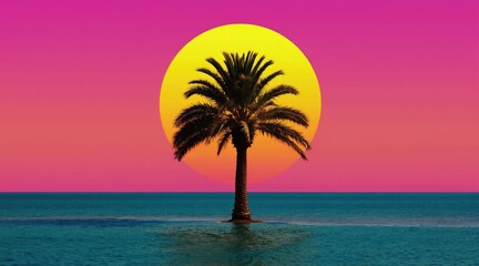 Leinwandbilder Rosa Single palm tree in ocean water against large yellow sun and pink sky. Tropical landscape with calm sea and vibrant sunset colors. Minimalist vacation scene.  © Pete