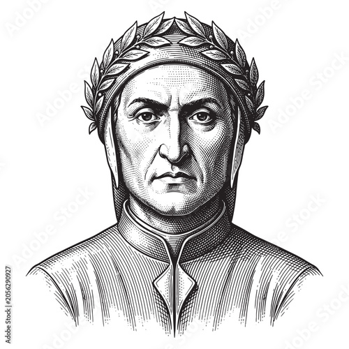 Fotografie Dante Alighieri Portrait with Laurel Crown, Vintage Italian Poet Line Art