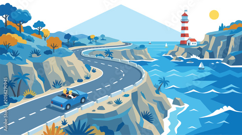 Coastal Drive Vector Illustration with Convertible Car Lighthouse and Ocean Cliffs for Travel Design
