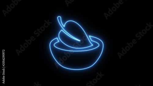 Glowing Food Bowl Illustration in Blue Neon Style. Neon Bowl Icon with Steam Glow on Black Background