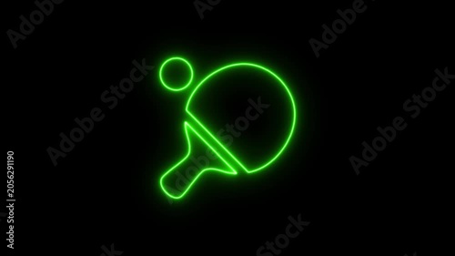 Neon Green Ping Pong Paddle Outline Animation. Animated Neon Table Tennis Paddle. Glowing Neon Ping Pong Paddle Animation.