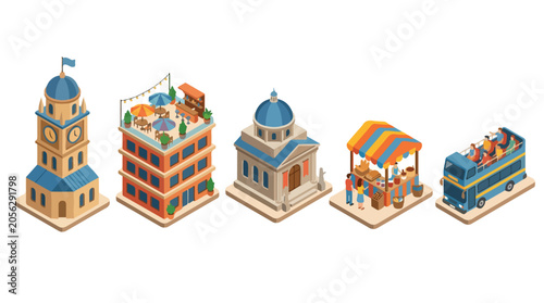 Travel Isometric City Icon Set with Landmarks Buildings Market and Tour Bus for Tourism Design