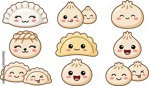 Quadro su tela Cute cartoon dumpling emoji character set with kawaii smiling faces dim sum gyoz