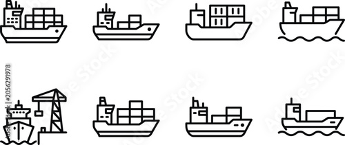 Photography Cargo ship icon set representing global logistics maritime freight container transport ocean delivery commercial shipping seaport industrial supply chain