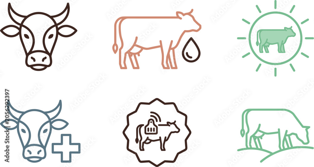 Fototapeta premium Cow farming icon set representing dairy production smart agriculture cattle veterinary care livestock organic pasture management ranching industry.