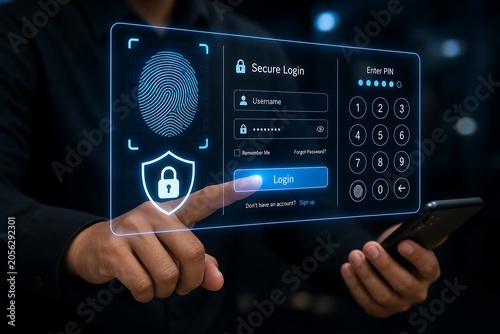 Person's fingerprint and login screen displayed on a futuristic interface signifies secure digital access and identity verification.