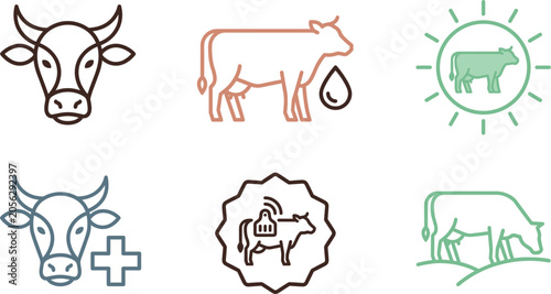 Photography Cow farming icon set representing dairy production smart agriculture cattle veterinary care livestock organic pasture management ranching industry