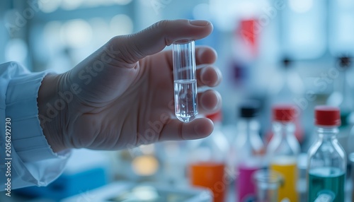 A gloved hand holding a clear laboratory test tube with transparent liquid. Scientific research setting with clean background, showcasing medical analysis and experimental work