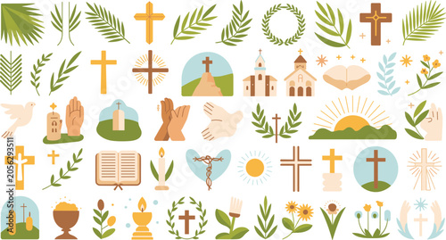 Bild auf Leinwand Christian religious celebration vector element set with cross symbols church buildings palm branches open bibles and easter resurrection designs