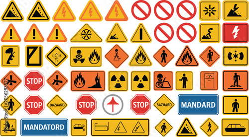 Bild auf Leinwand Industrial safety and road traffic warning signs vector set featuring hazard symbols stop labels and construction site mandatory notices