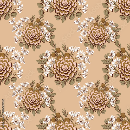 Floral Seamless Pattern with Chrysanthemums and Daisies.a floral pattern with brown and white flowers