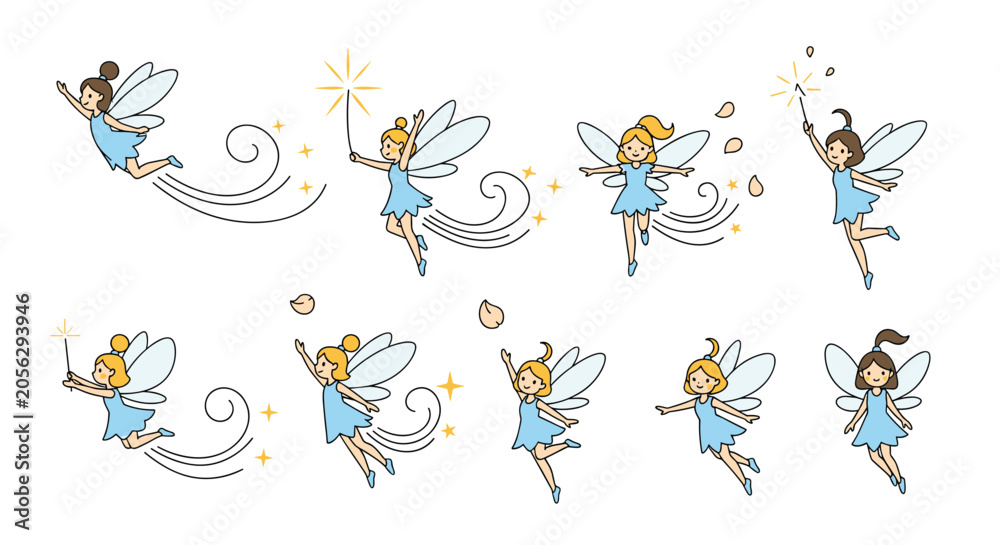 Naklejka premium Collection of small fairy characters wearing blue dresses displays various flying and magical poses with star wands.