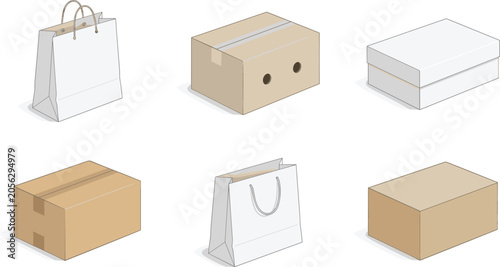Product packaging mockups isometric vector set with cardboard boxes white paper shopping bags and shoe boxes isolated on white background for retail logistics