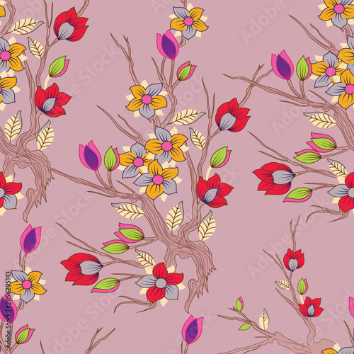Seamless Pattern with Flowering Branches and Colorful Blooms.a floral pattern with leaves and flowers