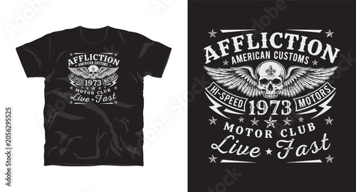 Affliction american customs hi-speed motors live fast tshirt design with a skull and wings.