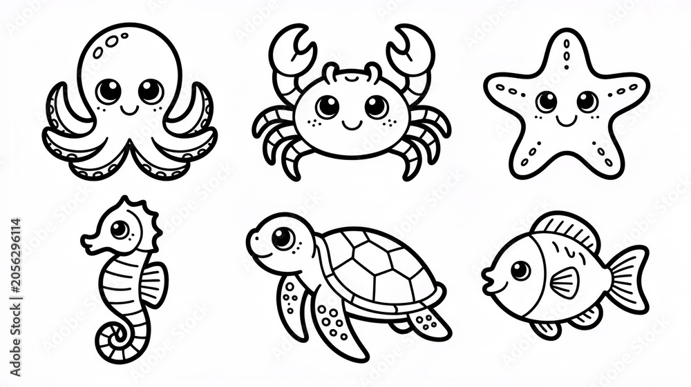 Obraz premium Black and white line art set of cute sea creatures featuring an octopus crab starfish seahorse sea turtle and fish with kawaii faces