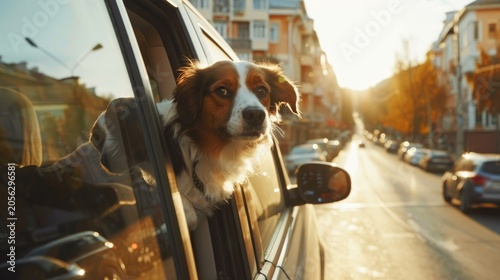 A pet dog enjoys a fun car ride, sticking his head out of the window and admiring the beautiful view of the street.