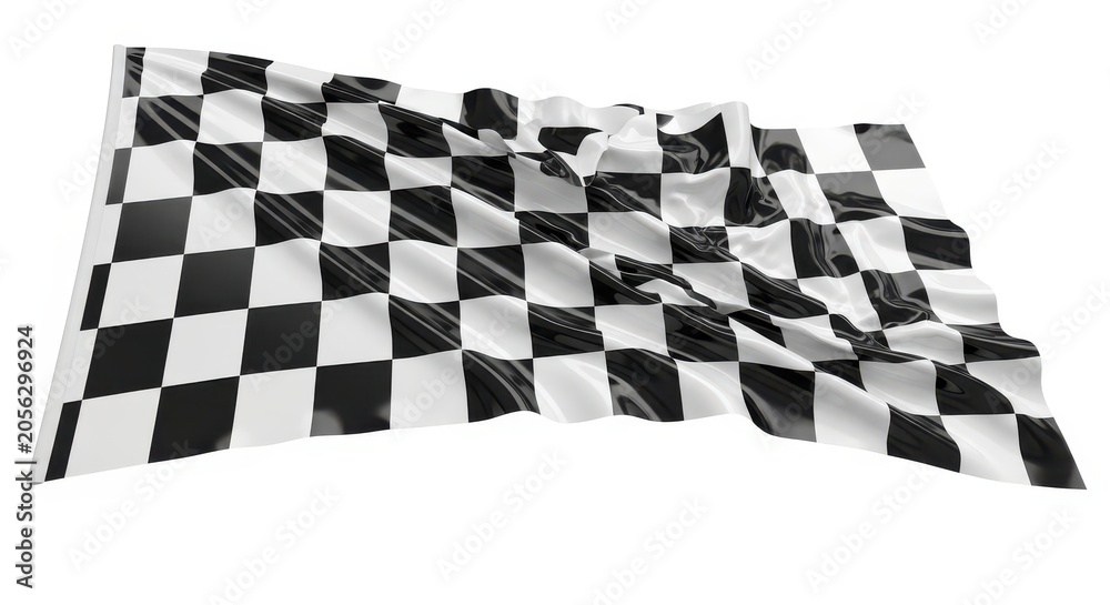 Naklejka premium Waving Checkered Racing Flag Isolated on White Background - Symbol of Victory, Speed, and Competition Success