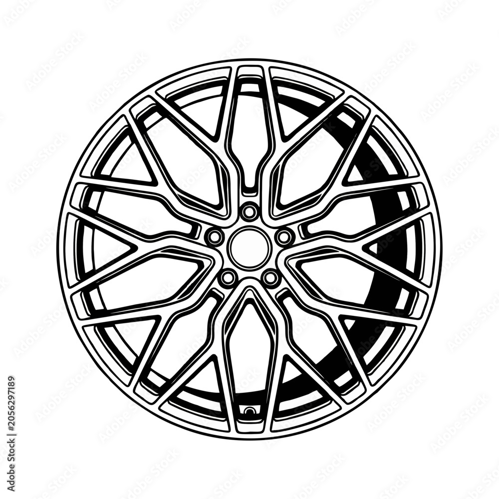 Obraz premium Modern custom alloy car wheel rim with intricate spoke design in a clean