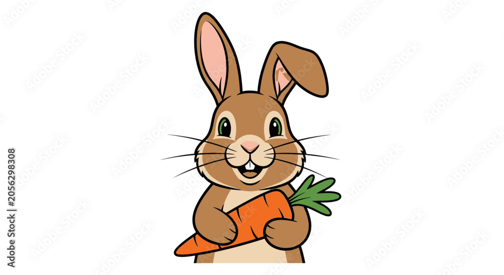 Obraz premium A cute cartoon rabbit holds an orange carrot in a natural setting.