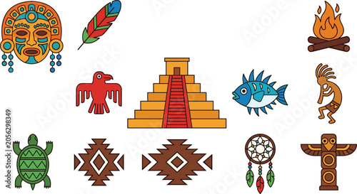 Ancient Aztec and Native American tribal symbols vector set with Mayan pyramid mask totem pole dreamcatcher kokopelli and geometric patterns isolated on white background