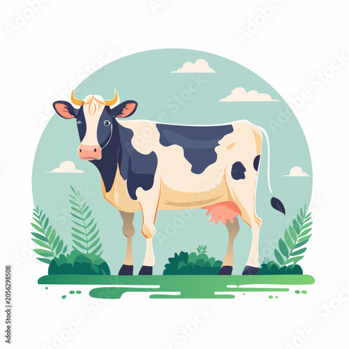 Illustration of a Black and White Cow in a Green Field