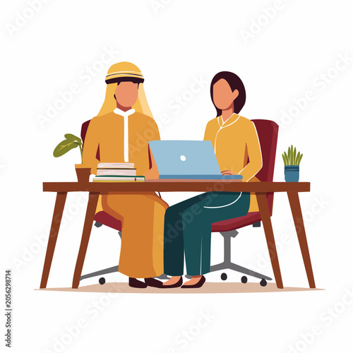 Two people collaborating at a desk with a laptop