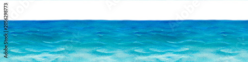 A horizontal sea border with blue and turquoise ocean waves and a clear horizon line. Watercolor illustration for invitations to summer beach parties, tropical vacation postcards, nautical textile