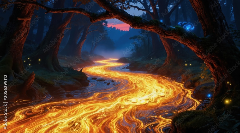 Naklejka premium Mystical forest scene at twilight with a glowing river of energy flowing through trees. Tiny lights and a blue spirit creature add magic to the wilderness landscape.
