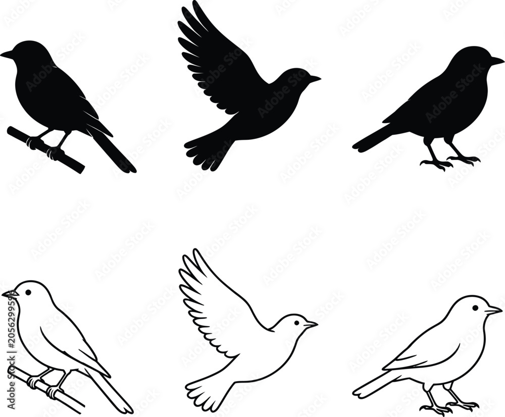 Fototapeta premium Premium Animal Silhouette Vector Set Featuring Pets, Birds, Wildlife, Marine and Farm Animals Isolated on White Background