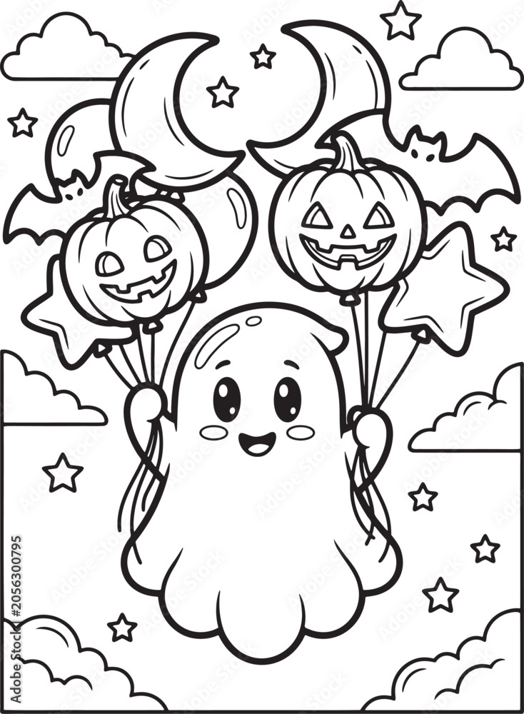 Fototapeta premium Adorable cartoon ghost character holding a bouquet of Halloween balloons including pumpkins bats moons and stars for a festive celebration
