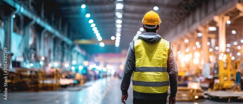 Male factory worker in yellow hard hat walking through large industrial plant