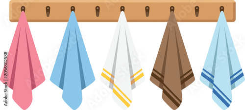 Colorful kitchen towels hanging on wooden wall rack vector illustration with striped cotton napkins isolated on white background for interior household design