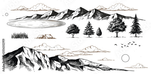 Hand drawn mountain landscape nature kit vector illustration, sketch wilderness trees camp elements creation set