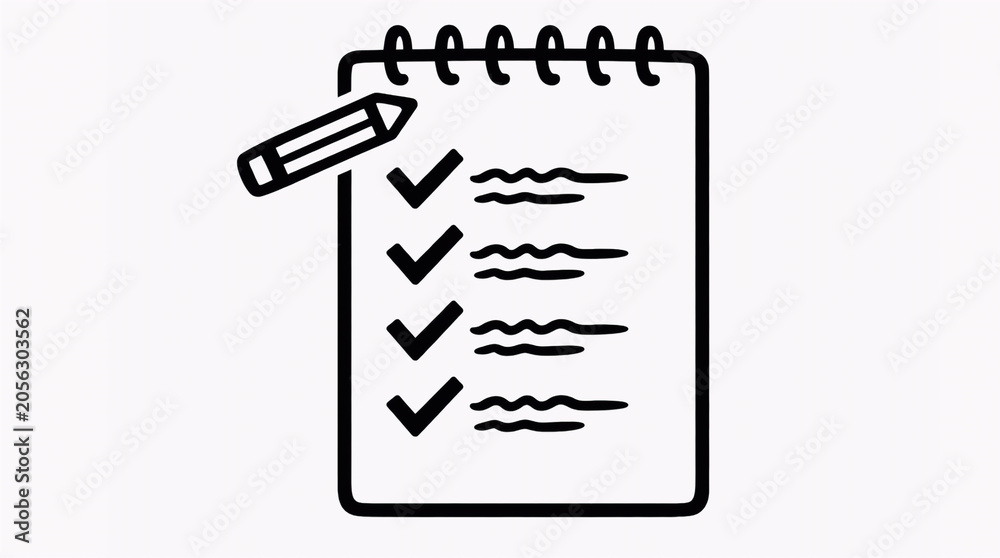Naklejka premium Hand-drawn style checklist and pencil illustration, To-do list concept with pencil icon, Doodle style task list with checkmarks, Task list icon with checkmarks and pencil
