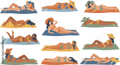 Fotografie Diverse group of women sunbathing on beach towels flat vector illustration of su