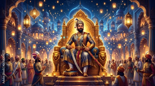 Maharaja Shivaji Maharaj seated regally on a golden throne in a grand palace hall surrounded by his loyal subjects