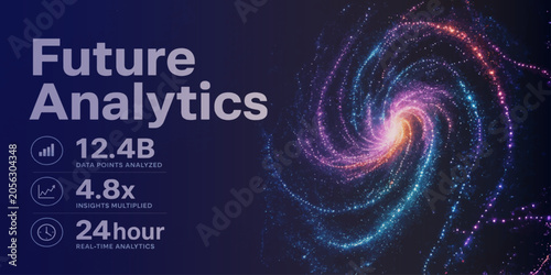 Future business analytics interface with circular data flow graphic analytics business interface circular particle technology statistics information dashboard visualization strategy.