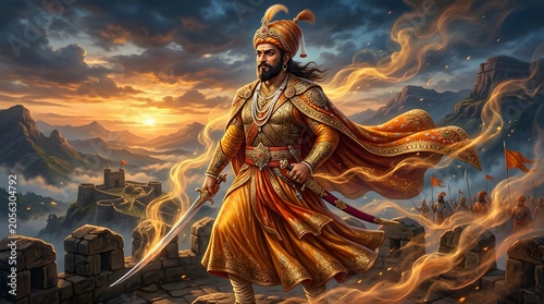 Historic warrior Shivaji standing proudly with sword at sunset overlooking ancient forts and mountains, embodying