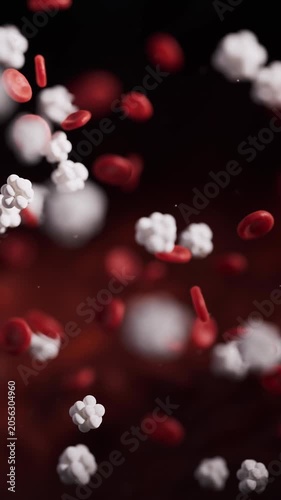 3D medical illustration of white blood cells and red blood cells circulating through the bloodstream. Concept of immunity, infection defense, hematology, immune response, and human health.