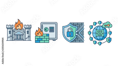 Cybersecurity Icons: Firewall, Safe, Shield, Network Security, Data Protection
