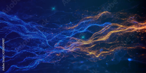 Abstract wave patterns of glowing blue and orange particles with particles abstract background technology movement structure communication information particle.