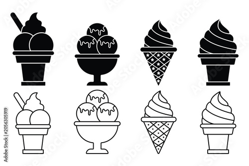 Ice cream icon set. Silhouette of ice cream cones vector, ice cube, and scoop, balls in waffle cone. Ice cream vector illustration.